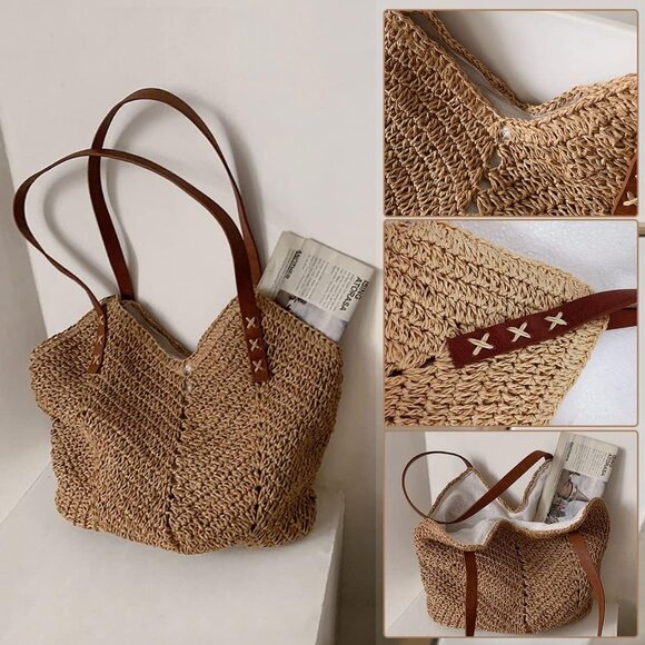 Hand-woven Straw Shoulder Bag Large Boho Tote Summer Beach Rattan - Picture 1 of 9
